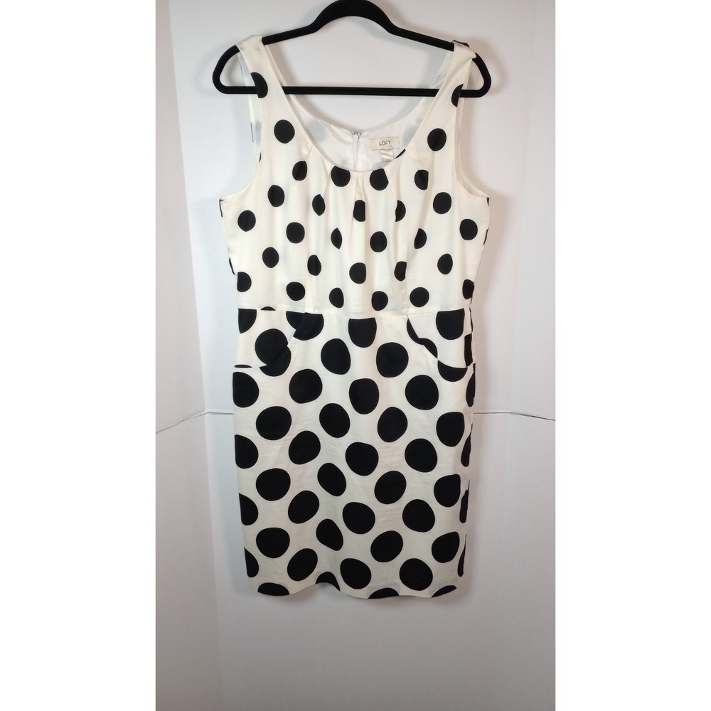 LOFT Womens White Black Polka Dot A-Line Dress Sleeveless Pockets Size 14